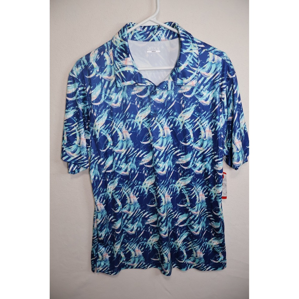 Golf Shirt BCG Mens Large Blue Abstract Palm Print Performance Polo UPF 50 NWT